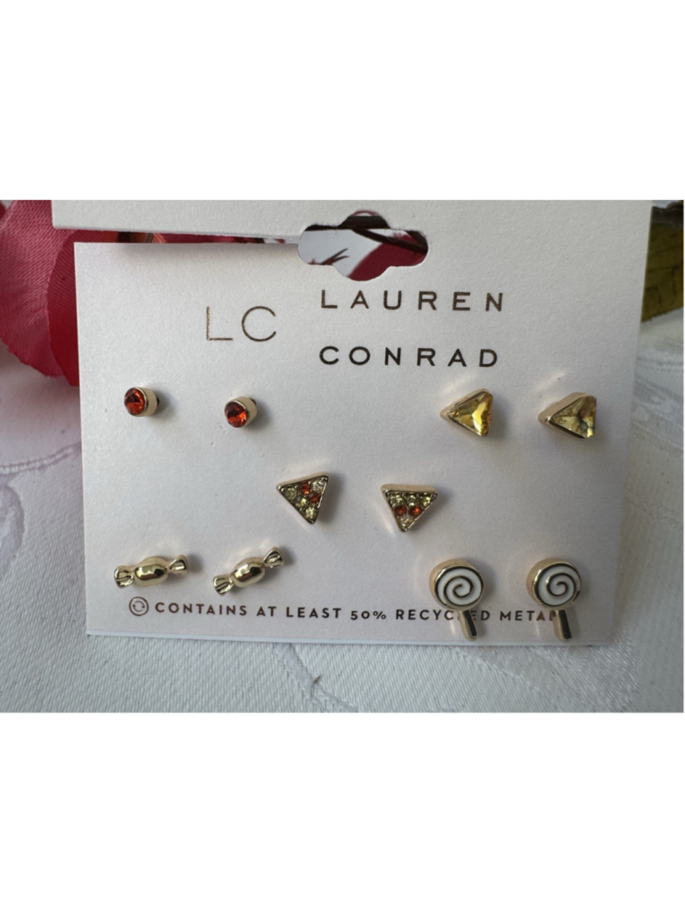 LC Lauren Conrad Set 5 Pairs Gold CZ Tiny Stud Candy Rhinestones Earrings NEW